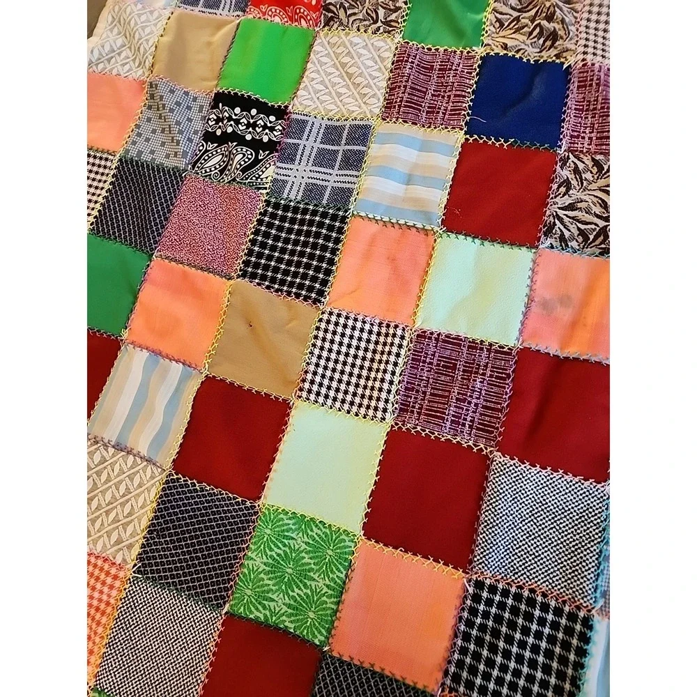 Vtg 60s 70s Patchwork squares Quilt Handmade Colorful Blanket 90